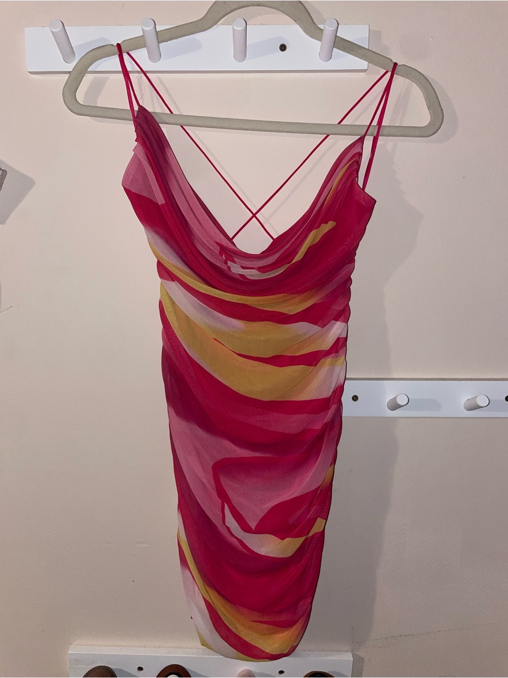 Garage Pink & Yellow Strappy Cowl Mini Dress